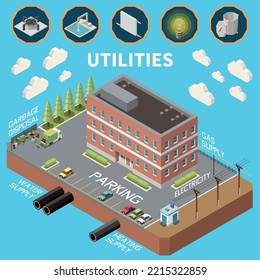 Utility expences isometric concept with tenement house and household service icons vector illustration