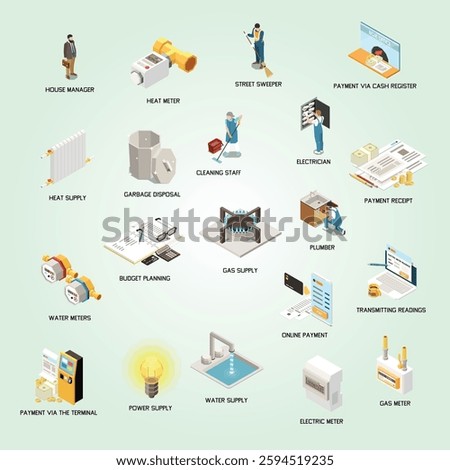 Utility expences isometric icons set with bills and payments isolated vector illustration