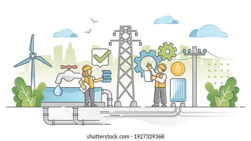 Utility expertise and maintenance repair fix after checkup outline concept. Electricity power line and water pipeline improvement work with engineer control and technician support vector illustration.