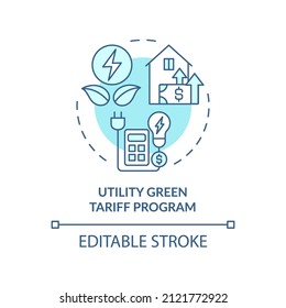 Utility Green Tariff program turquoise concept icon. Sustainable energy. Type of PPA abstract idea thin line illustration. Isolated outline drawing. Editable stroke. Arial, Myriad Pro-Bold fonts used