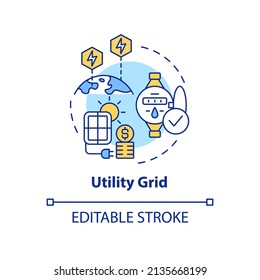 Symbol des Versorgungsgitters. Sonnenkraftsystem. Stromabnahmevereinbarungen abstrakte Idee dünne Illustration. Einzeln Umrisszeichnung. Bearbeitbarer Strich. Arial, Myriad Pro Fett Schriftarten verwendet