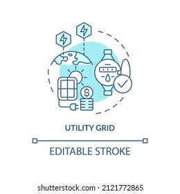 Utility grid turquoise concept icon. Solar energy system. Power purchase agreements abstract idea thin line illustration. Isolated outline drawing. Editable stroke. Arial, Myriad Pro-Bold fonts used
