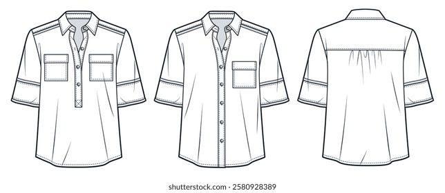 Utility Half-Placket and Button-Down Shirt technical fashion illustration. Shirt fashion technical drawing template, pockets, short sleeves, front, back view, white, women, men, unisex CAD mockup set.