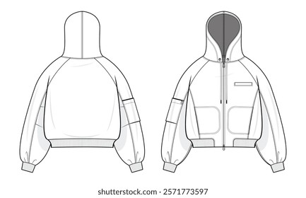 Utility Hooded Bomber Jacket Technical Fashion Illustration. Bomber Jacket with Three-Pocket Design Detail Vector Template. Front and Back View. Relaxed Fit. Raglan Sleeves. Ribbed. Unisex. CAD Mockup