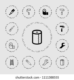 Utility icon. collection of 13 utility filled and outline icons such as paper towel, cutter, wrench, paint roller, roller. editable utility icons for web and mobile.