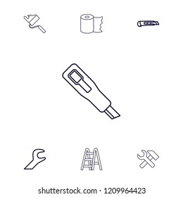 Utility icon. collection of 7 utility outline icons such as cutter, wrench, paper towel, hummer and wrench, roller. editable utility icons for web and mobile.