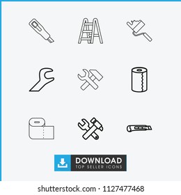Utility icon. collection of 9 utility outline icons such as paper towel, hummer and wrench, cutter, wrench, roller. editable utility icons for web and mobile.
