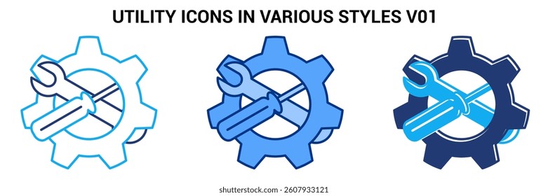 Utility icon represented by tools, gear Blue, Dualline, Dualtone style.