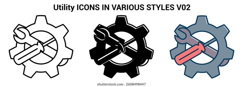 Utility icon represented by tools, gear Line, Filled, Color style.