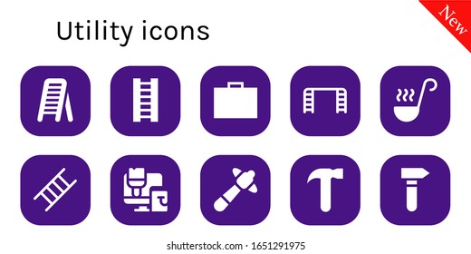 utility icon set. 10 filled utility icons. Included Ladder, Toolbox, Ladle, Paint roller, Hammer icons