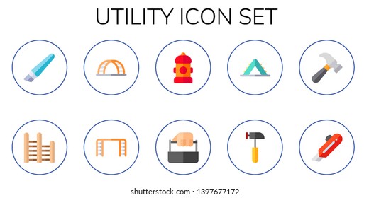 utility icon set. 10 flat utility icons.  Collection Of - cutter, ladder, fire hydrant, toolbox, hammer
