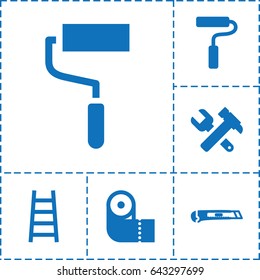 Utility icon. set of 6 utility filled icons such as paper towel, hummer and wrench, roller, ladder, cutter