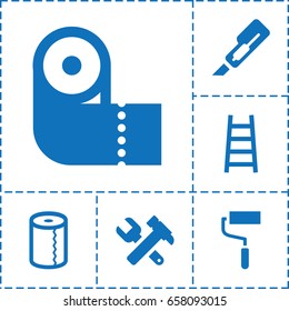 Utility icon. set of 6 utility filled icons such as paper towel, cutter, hummer and wrench, roller