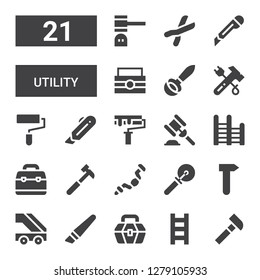 utility icon set. Collection of 21 filled utility icons included Hammer, Ladder, Toolbox, Cutter, Ratchet, Paint roller, Ladle, Cutters