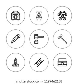 Utility icon set. collection of 9 outline utility icons with cutter, hammer, ladder, scissors icons. editable icons.
