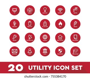 Utility icon set vector illustration red shadow button tv mobile electric wifi bank insurance education bank repair world technology real esate brush