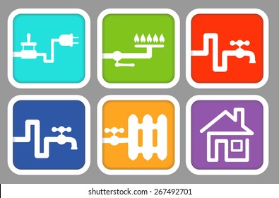 Utility icons: electricity, gas, cold water, hot water, heating and house. Vector illustration for signs, icons, logotypes, web and graphic design