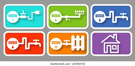 Utility icons with  meters: electricity, gas, cold water, hot water, heating and house