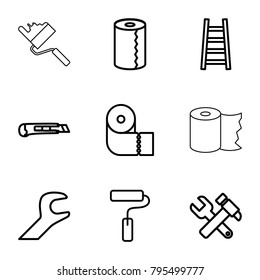 Utility icons. set of 9 editable outline utility icons such as paper towel, hummer and wrench, ladder, cutter, wrench, paint roller