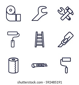 utility icons set. Set of 9 utility outline icons such as paper towel, cutter, hummer and wrench, roller, ladder, wrench