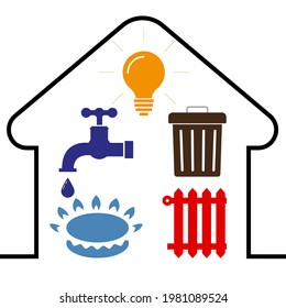 Iconos de utilidad: agua, gas, iluminación, calefacción, residuos. estilo plano. Iconos de comunicación en la casa. Estilo plano. Ilustración del vector