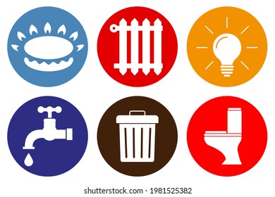 Utility icons: water, gas, lighting, heating, waste. flat style. Icons of communications in the house. Flat style. Vector illustration