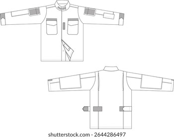 Ilustração da frente e de trás da jaqueta do utilitário, jaqueta inspirada em militares com bolsos e alças