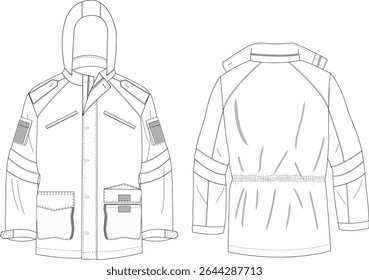 Ilustração da frente e de trás da jaqueta do utilitário, jaqueta com capuz com bolsos e detalhes militares