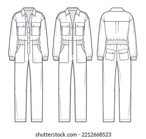 Utility Jumpsuit technical fashion Illustration. Dungaree fashion technical drawing template, oversized, pockets, zip up, buttons, long sleeve, front, back view, white, women, men, unisex CAD mockup.