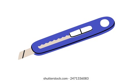 Utility knife, box cutter tool with sharp adjustable retractable blade. Office accessory for cutting cardboard and paper. Handy stationery. Flat vector illustration isolated on white background