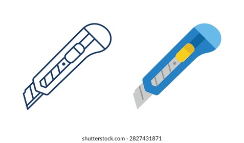 Utility knife illustration in flat color and outlined silhouette blade