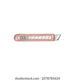 Cuchillo de utilidad con hoja retráctil, ilustración vectorial de esbozo aislada en fondo blanco. Cuchillo de papel de mano para cortar papel, equipo de oficina.