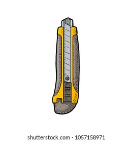 Utility knife. Vector black vintage engraving illustration. Hand draw in a graphic style. Isolated on white background. Side view.