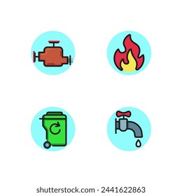 Utility line icon set. Gas, trash bin, faucet with water, heating pipe. Can be used for topics like housekeeping, recycling, ecology.