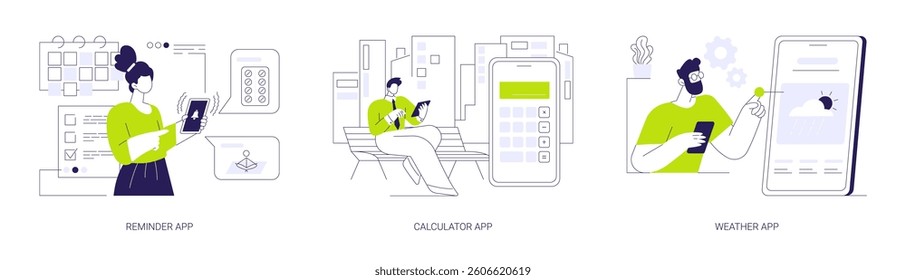 Utility mobile apps abstract concept vector illustration set. Reminder app, woman get notification on smartphone, businessman using calculator on his phone, check weather forecast abstract metaphor.