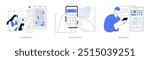 Utility mobile apps isolated cartoon vector illustrations set. Reminder app, woman get notification on smartphone, businessman using calculator on his phone, check weather forecast vector cartoon.