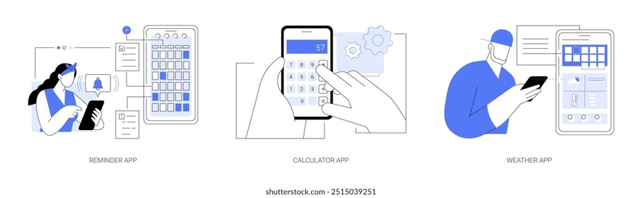 Utilitário aplicativos móveis conjunto de ilustrações de vetor de desenhos animados isolados. Aplicativo lembrete, mulher receber notificação no smartphone, homem de negócios usando calculadora em seu telefone, verificar previsão do tempo vetor cartoon.