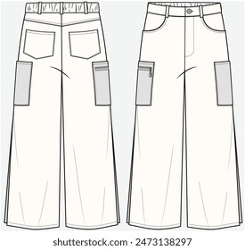 PANTALÓN DE MEZCLILLA DE DETALLE DE BOLSILLO UTILITARIO CON CORTE LATERAL Y DETALLE DE PIERNA ANCHA DISEÑADO PARA NIÑAS ADOLESCENTES Y NIÑAS EN ARCHIVO DE VECTOR