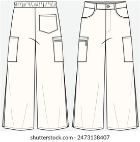 PANTALÓN DE MEZCLILLA DE DETALLE DE BOLSILLO UTILITARIO CON CORTE LATERAL Y DETALLE DE PIERNA ANCHA DISEÑADO PARA NIÑAS ADOLESCENTES Y NIÑAS EN ARCHIVO DE VECTOR