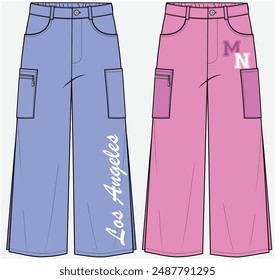 PANTALÓN DE MEZCLILLA DE DETALLE DE BOLSILLO UTILITARIO CON CORTE LATERAL Y DETALLE DE PIERNA ANCHA DISEÑADO PARA NIÑAS ADOLESCENTES Y NIÑAS EN ARCHIVO DE VECTOR