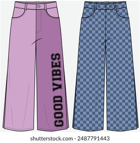 PANTALÓN DE MEZCLILLA DE DETALLE DE BOLSILLO UTILITARIO CON CORTE LATERAL Y DETALLE DE PIERNA ANCHA DISEÑADO PARA NIÑAS ADOLESCENTES Y NIÑAS EN ARCHIVO DE VECTOR