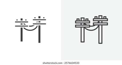 Utility pole icon set in black flat solid and outlined style.