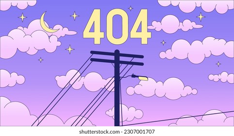 Utility pole on dreamy night sky error 404 flash message. Electrical cable. Empty state ui design, lofi background. Page not found cartoon image. Vector flat illustration concept, synthwave aesthetics