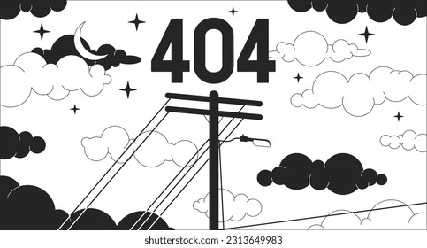 Utility pole on dreamy night sky black white error 404 flash message. Empty state ui design, lofi background. Page not found cartoon image. Vector flat outline illustration concept, line art