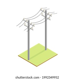 Utility Pole Supporting Overhead Electric Power Lines Isometric Vector Illustration