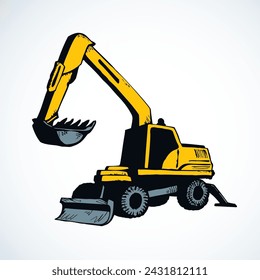 Utility power pneumatic mini cutcat model with dipper and big rubber bus on white background. Bright yellow color hand drawn grab logo emblem pictogram. Side view on space for text on quarry grub land