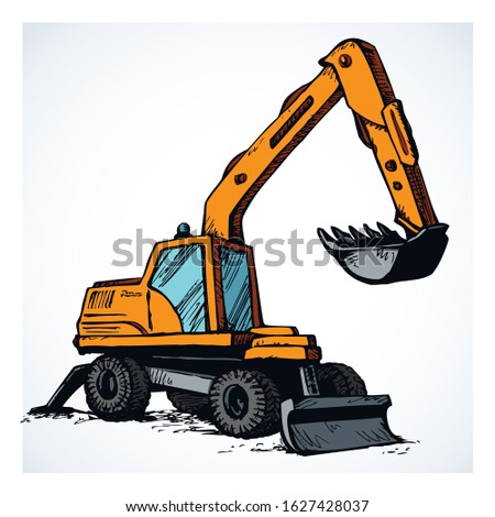 Utility power pneumatic mini cutcat model with dipper and big rubber bus on white background. Bright orange color hand drawn grab logo emblem pictogram. Side view on space for text on quarry grub land