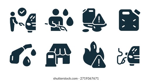 Utilidad y recursos excelente colección de iconos. Locación de combustible, gasolinera, crecimiento financiero, servicio de soldadura, operación segura, control de agua, peligro de combustible, iconos de contenedores de combustible