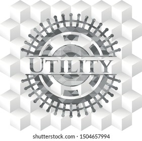 Utility retro style grey emblem with geometric cube white background