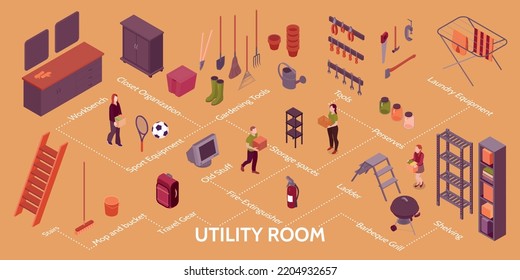 Utility room infographics with old stuff household utensils gardening tools fire extinguisher workbench isometric elements vector illustration